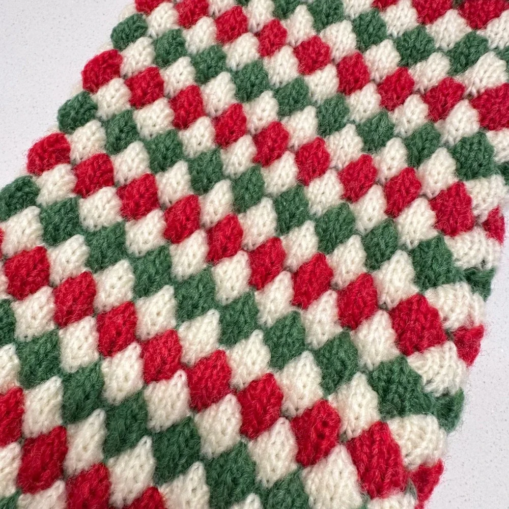 Vintage Style Hand Knit‎ Christmas Stocking Red Green White Diamond Bubble Knit
